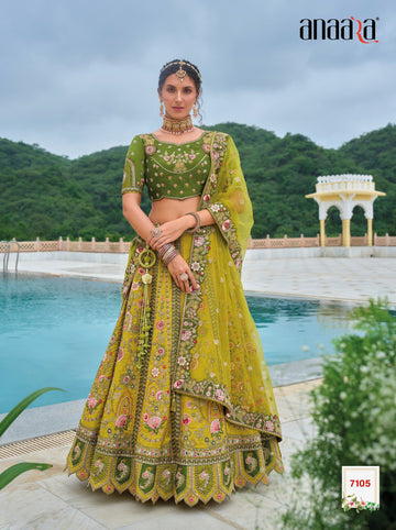Mehndi Green  Beautiful Traditional Designer Elegant Embroidery Work Cut Work Silk Lehenga - 7105